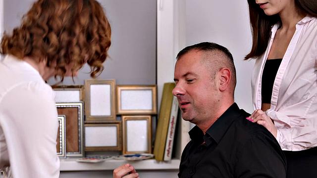 Vivian Grace & Rebeca Fox team up to share art tutor's hard dick in a hot threesome