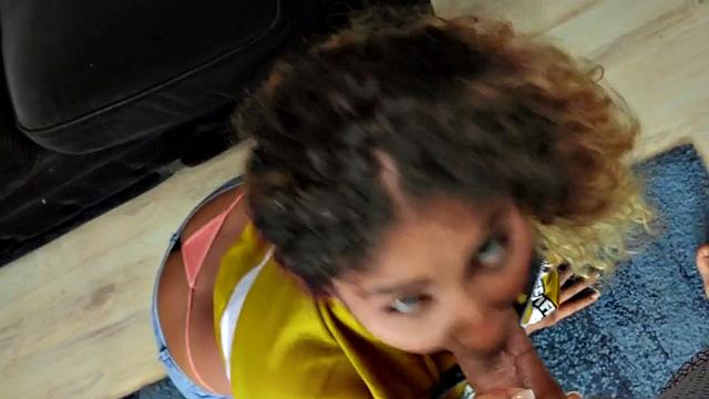 Bigtit Latina gives blowjob before riding guy in POV