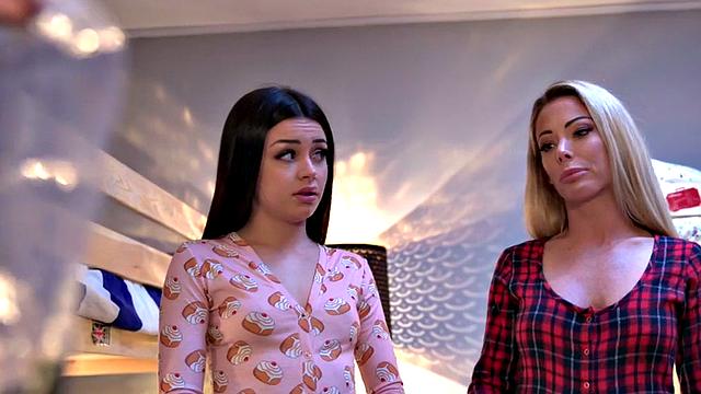 Hotel babes sharing and licking loaded cock in 3way