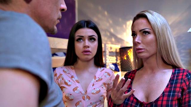 Hotel babes sharing and licking loaded cock in 3way