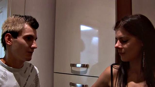 Kinky blonde femdoms strap-on and peg guy's ass in CFNM 3some kitchen threesome