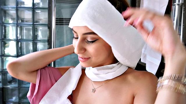 Latina bombshell bounces her big tits while getting fucked from behind