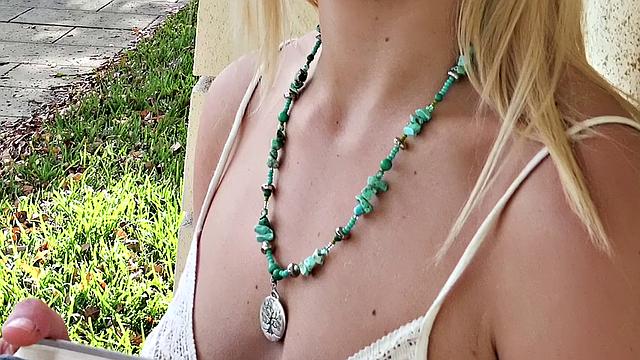 Blonde with glasses fucks in public outdoors