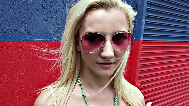 Blonde with glasses fucks in public outdoors