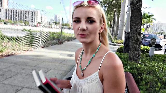 Blonde with glasses fucks in public outdoors