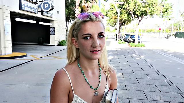 Blonde with glasses fucks in public outdoors