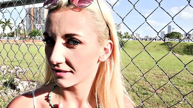 Blonde with glasses fucks in public outdoors