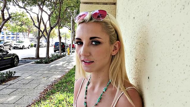 Blonde with glasses fucks in public outdoors