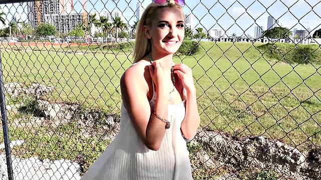 Blonde with glasses fucks in public outdoors