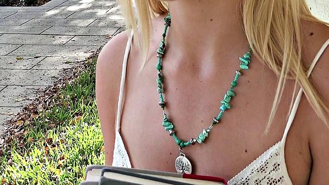 Blonde with glasses fucks in public outdoors