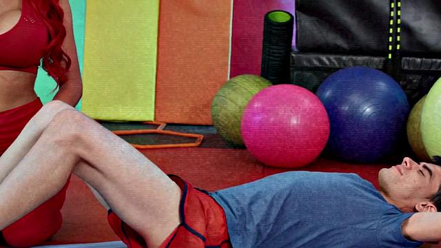 Redhead cougar sucks shaft before plowed by guy in gym