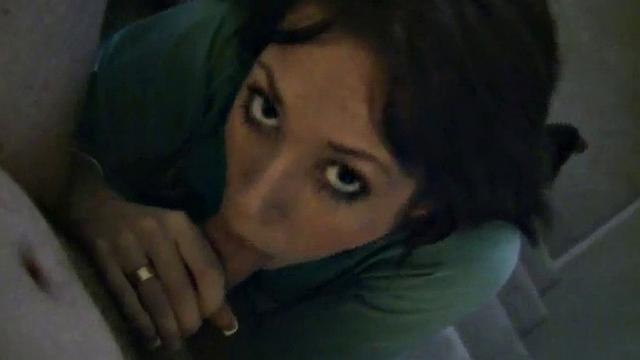 Horny slut sucking on hard dick on stairwell