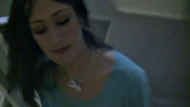 Horny slut sucking on hard dick on stairwell