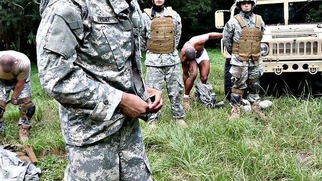 Athletic army Ebony fucked outdoors in front of colleagues