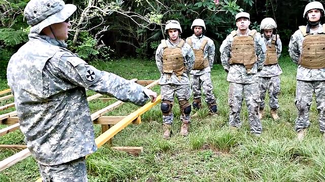 Athletic army Ebony fucked outdoors in front of colleagues