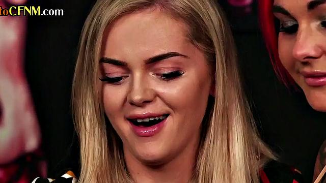 CFNM European femdom MILF and babes jerk cock in group