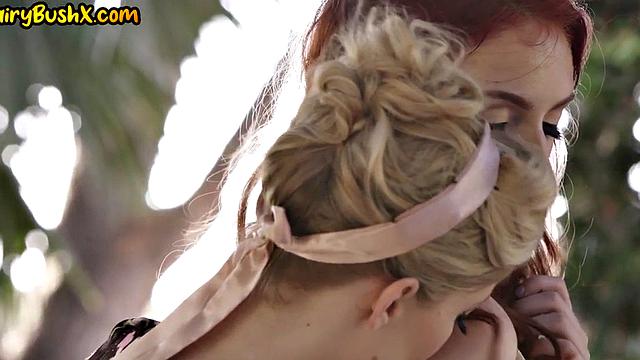 Hairymuff lesbians lick each other while fingering outdoors