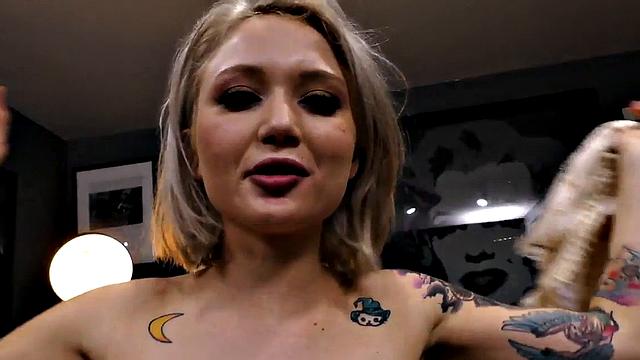Deepthroat POV babe with tattoos sucks and rides