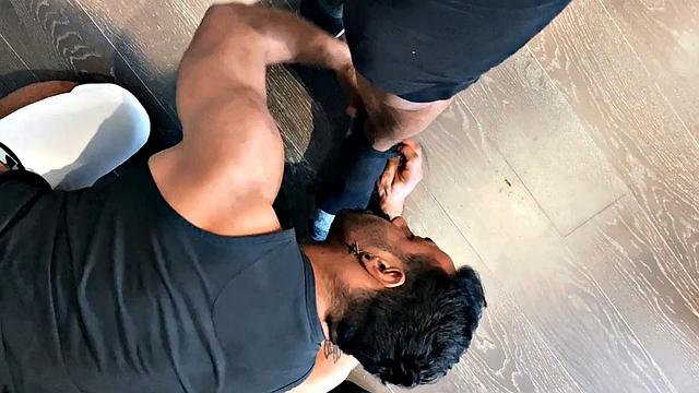 Foot fetish hunk in underwear bareback by muscled BF