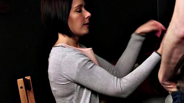 A British MILF in high heels and stockings give a hot handjob and blowjob in a CFNM scene