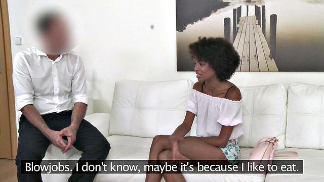 Curly-haired Brazilian babe seduced by agent on the couch