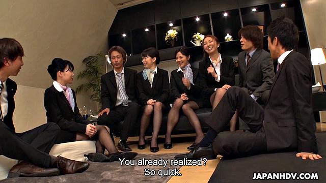 Flight attendant groupsex party with Luke, Mayu, Yui, and Haruka Aoki