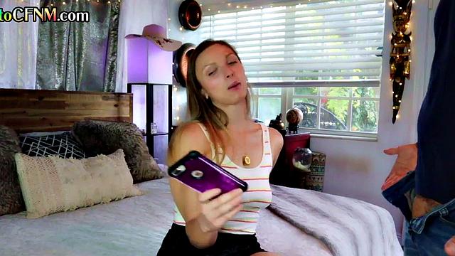 CFNM babe deepthroats 21yo bae and lets him cum on her