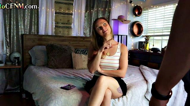 CFNM babe deepthroats 21yo bae and lets him cum on her