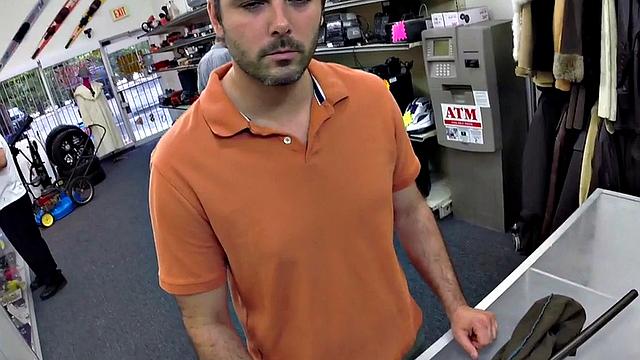 Random guy gets fucked in pawnshop office 3some by owners