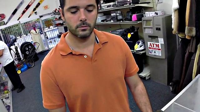 Random guy gets fucked in pawnshop office 3some by owners