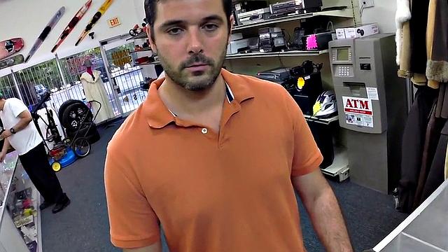 Random guy gets fucked in pawnshop office 3some by owners