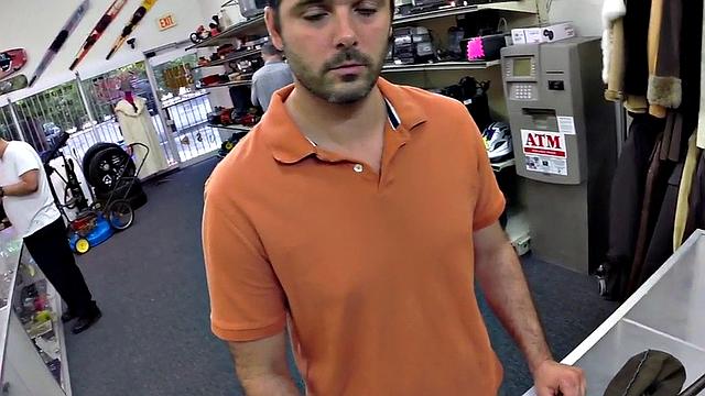 Random guy gets fucked in pawnshop office 3some by owners