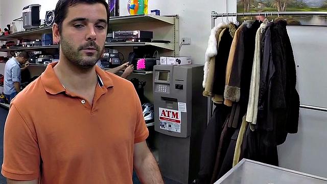 Random guy gets fucked in pawnshop office 3some by owners