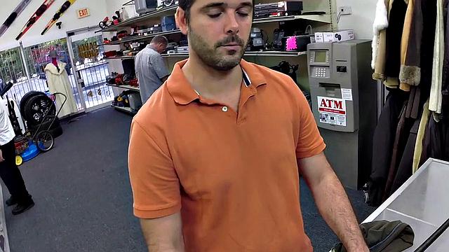 Random guy gets fucked in pawnshop office 3some by owners