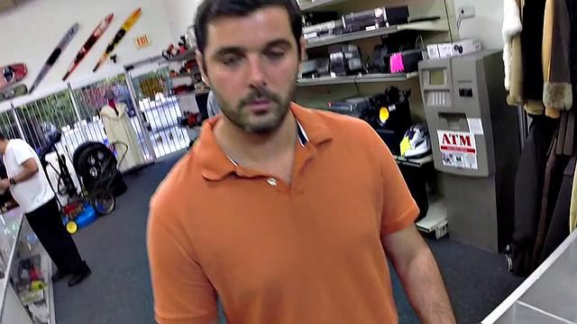 Random guy gets fucked in pawnshop office 3some by owners