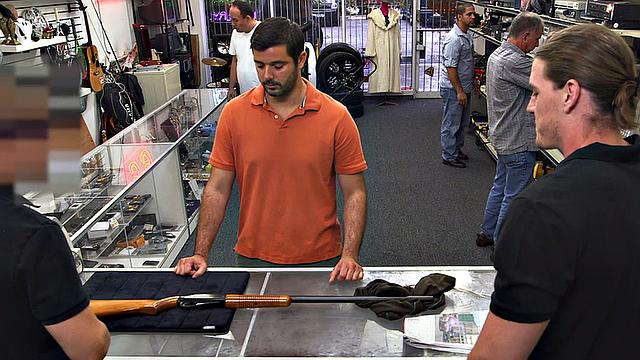 Random guy gets fucked in pawnshop office 3some by owners