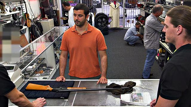 Random guy gets fucked in pawnshop office 3some by owners