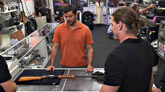 Random guy gets fucked in pawnshop office 3some by owners