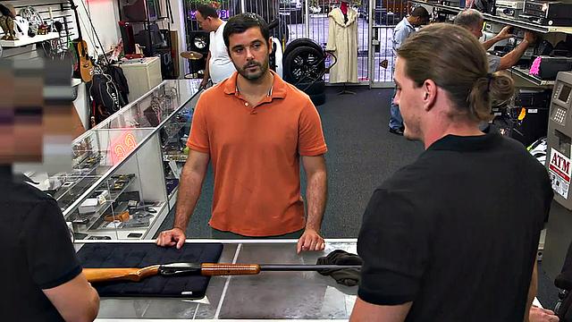 Random guy gets fucked in pawnshop office 3some by owners