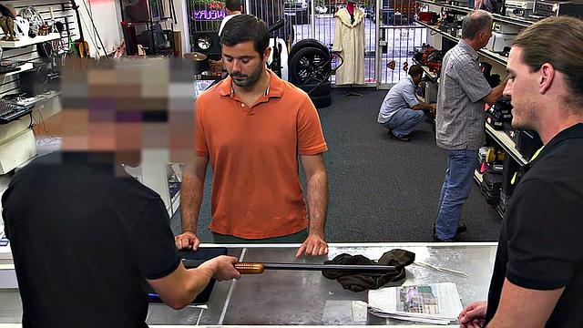 Random guy gets fucked in pawnshop office 3some by owners