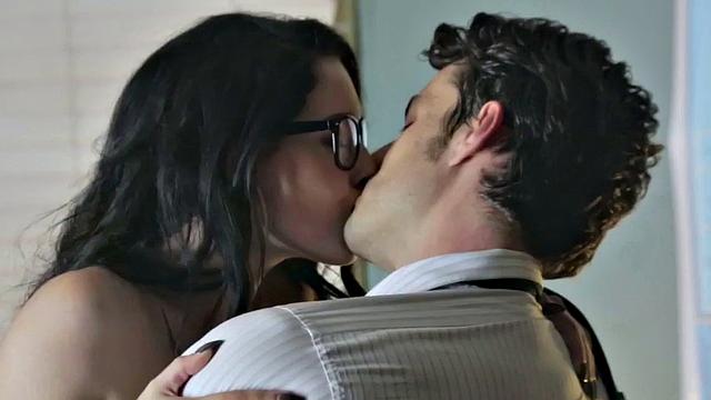 Hot brunette secretary with glasses gives head and rides her colleague's hard cock in the office