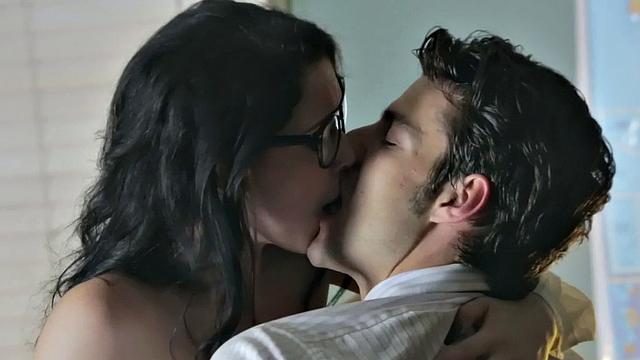 Hot brunette secretary with glasses gives head and rides her colleague's hard cock in the office