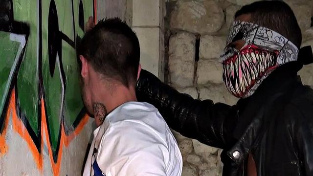 Masked stud in leather jacket fucks in abandoned place