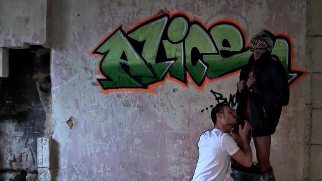 Masked stud in leather jacket fucks in abandoned place