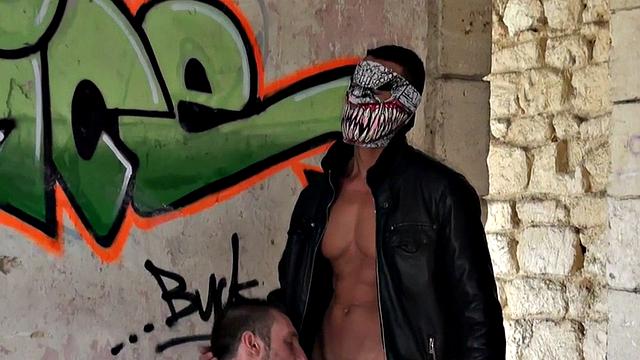 Masked stud in leather jacket fucks in abandoned place