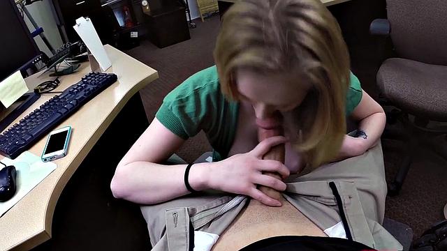 Busty teen pawner sucking manager before bent over desk