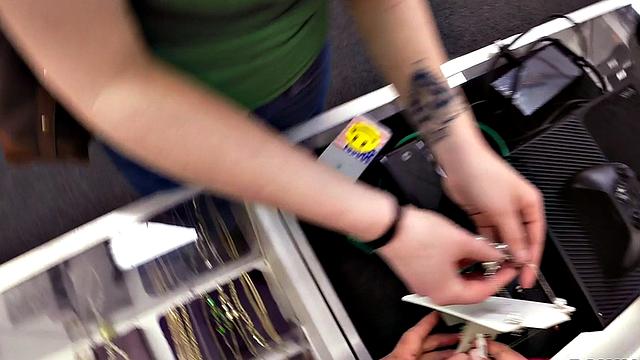 Busty teen pawner sucking manager before bent over desk