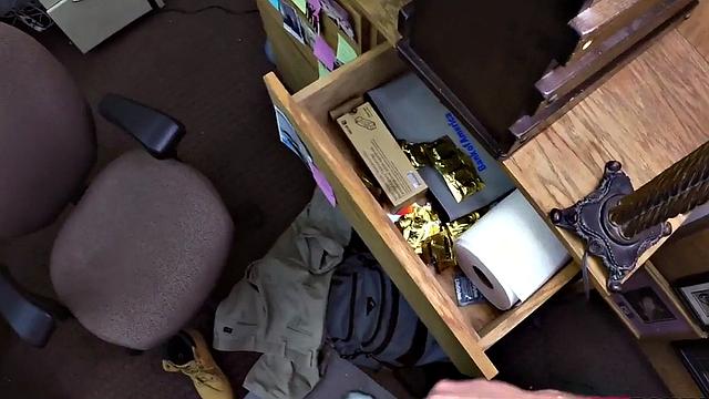 Busty teen pawner sucking manager before bent over desk