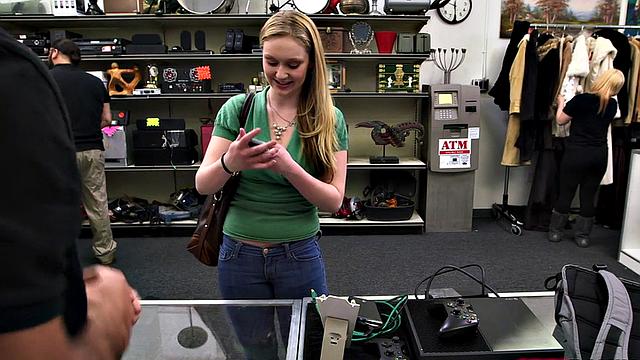 Busty teen pawner sucking manager before bent over desk