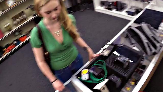 Busty teen pawner sucking manager before bent over desk